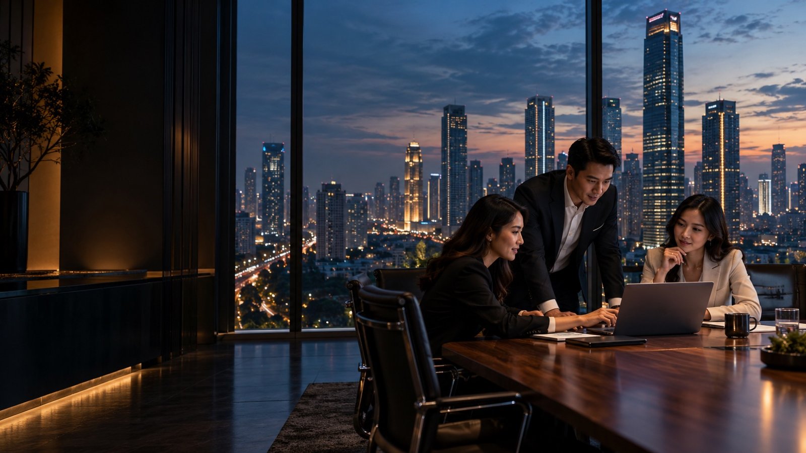 Ilustrasi kolaborasi bisnis di ruang rapat modern